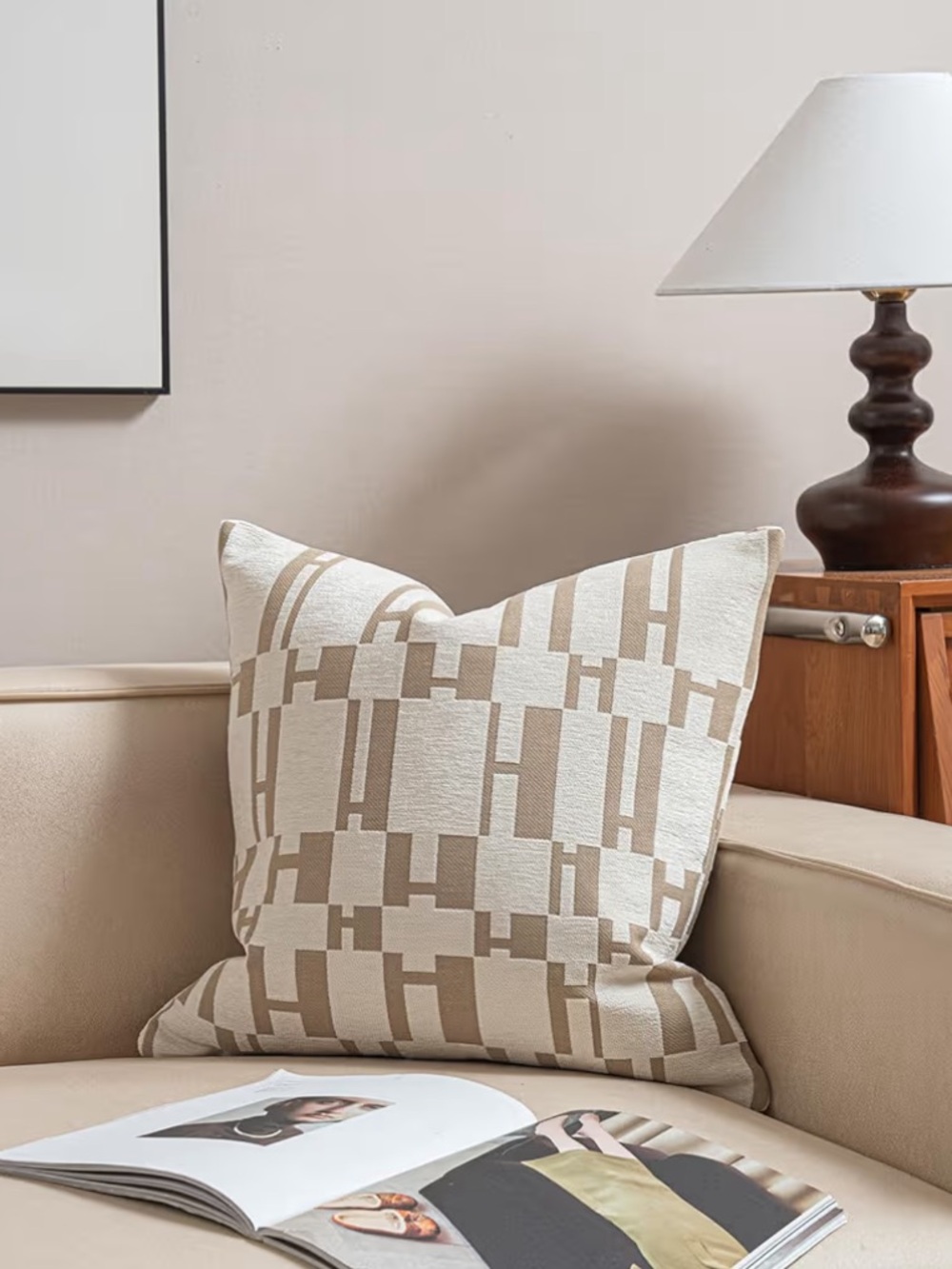 Croker Horse ‘White H’ Pillow Cover SQUARE 22x22” White/Tan